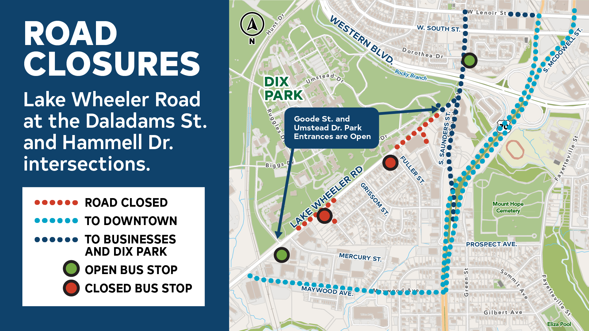 A detour map for lake wheeler. It shows that that the traveling public can take South Saunders to Maywood Ave to Lake Wheeler or Maywood Ave to South Saunders to navigate around the detour. 