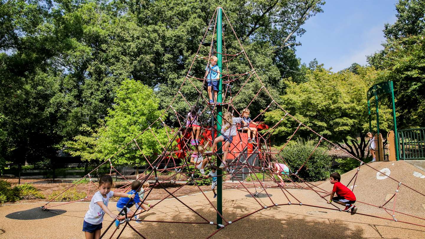 An image of kids playing on the playground at Pullen Park