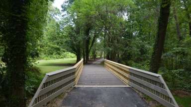 bridge near grassy area heading into forest at Kaplan park