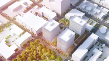 A  aerial view of the rendering for civic campus that shows three towers near Nash Square Park