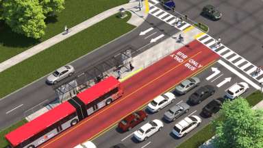 rendering of bus traveling in a bus only lane.