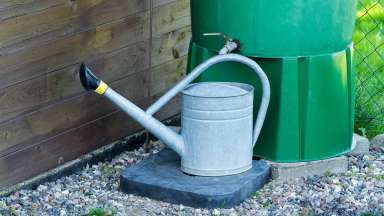 A tin watering can connected to a green rain barrel