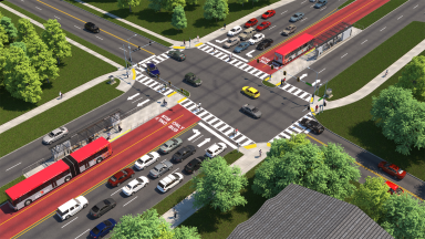 Artwork showing a dedicated bus lane in the median