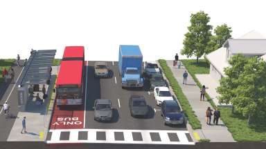Artistic Render of red bus in a bus only lane with people walking and cars on the road