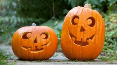 Two pumpkins carved with smiling faces