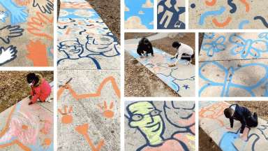 A collage of images of people interacting with the Make Your Mark interactive chalk murals