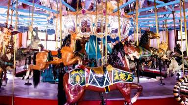 Colorful interior of a carousel with animals