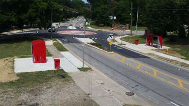 A birds eye view of the new roundabout and transit stops at the intersection of Cross Link Road and Dandridge Drive.