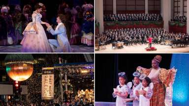 A collage of images: top left features a scene from Cinderella at Raleigh Little Theatre; top right features the North Carolina Master Chorale on stage during a concert; bottom left features the acorn surrounded by confetti at First Night Raleigh by Artsplosure; bottom right features a scene fro Black Nativity in Concert by The Justice Theatre Project