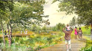 Rendering of people walking through the park on a path with trees