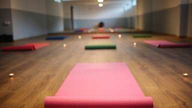 multiple yoga mats laying on floor.