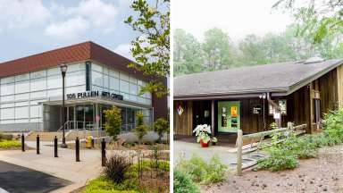 Two images side by side. On the left, the exterior of Pullen Arts Center. On the right the exterior of Sertoma Arts Center
