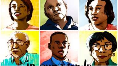 Film cover image including illustrations of six people of color and "in our words" written in text