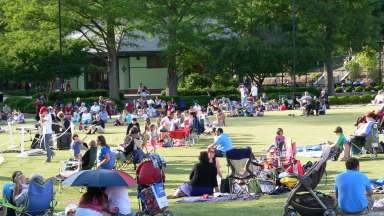 A large group of families sitting on a lawn, listening to live music during the summer.