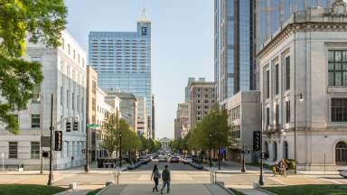 view down fayetteville street in downtown raleigh