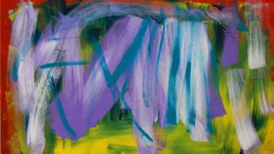 An abstract painting by Wiley Johnson featuring a red and yellow outline with vertical blue, white and purple strokes in the middle