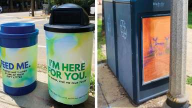 a collage of two different trashcans and one recycling can with artwork on the side