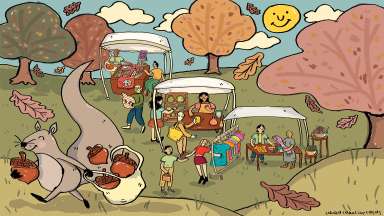 An illustration by Laura Carolina Casas featuring artists in vendor tents and a squirrel carrying a bag of acorns