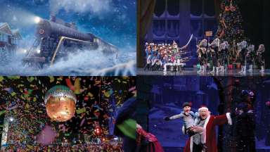 a collage of images representing the Polar Express, the Nutcracker ballet, New Year's Even, and A Christmas Carol