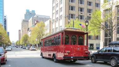 historic red trolley in downtown Raleigh