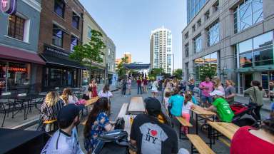 Crowd gathers on Martin Street during Brewgaloo in Downtown Raleigh