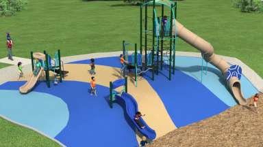 image of playground with 3 slides and various other equipment