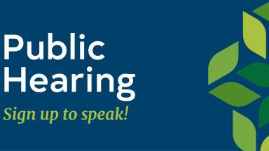 graphic with blue background and white and green text displaying "public hearing sign up to speak"