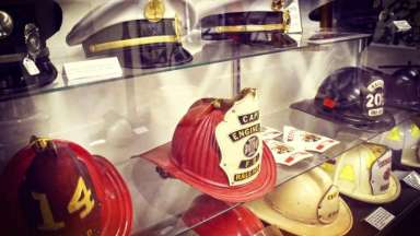 Fire hats displayed at the Raleigh Fire Museum