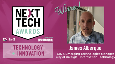 The City of Raleigh’s GIS and Emerging Technology Manager James Alberque receives NC Tech Association’s Next Tech Award.