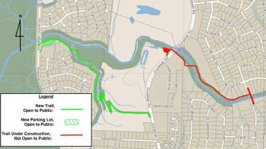 a map that shows the open section of the new Crabtree Creek West between Duraleigh Road and Ebenezer Church Road