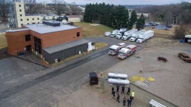 Aerial view of Raleigh Fire special operations vehicles