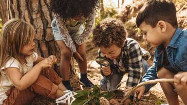 children in the forest looking at leaves together with the magnifying glass