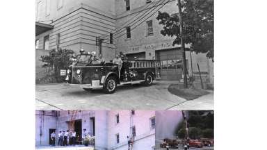 Photos of fire truck in front of Fire Station Two, firefighters using ladders to access windows during training