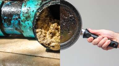 greasy pan and clogged pipes