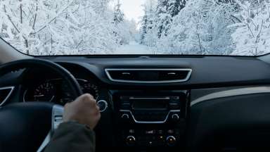 A driver's hands on the steering whell looking through front window of a care at a road full of snow and snow on the trees.