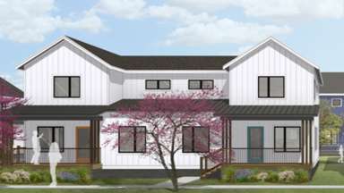 A concept drawing of the cottages of idlewild - a 2-unit, 2 story dwelling with two small porches by front door