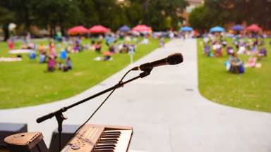an image of a microphone with picnickers in the background