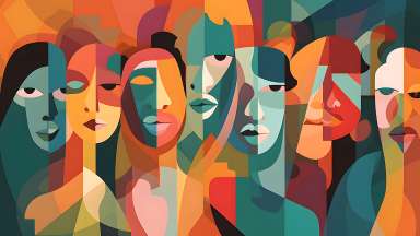 an artistic rendering of multi-colored faces