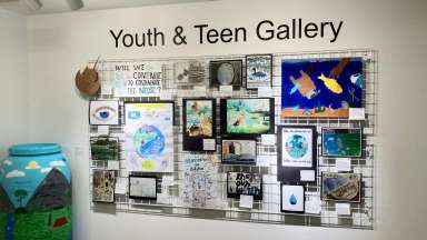a gallery wall of different artworks by students