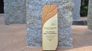 A wooden leaf shaped trophy displaying the City Of Raleigh Office of Sustainability's Award from the 2024 American Planning Association's Excellence in Sustainability Awards.
