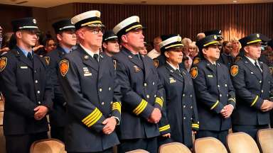 Fire fighters in uniform stand at promotion ceremony