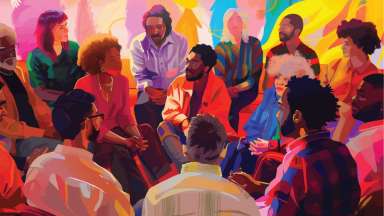 Diverse group of people sitting around each other. Vivid colors used to paint what looks like brush strokes.