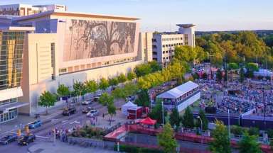 Aerial view of the Raleigh Convention Center and the amphitheater