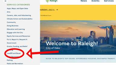 Screenshot of Core Service menu on raleighnc.gov