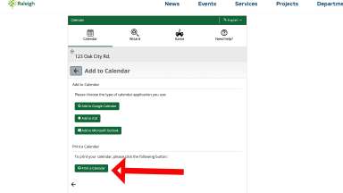 Screenshot showing Print a Calendar button on Raleigh Reuse tool
