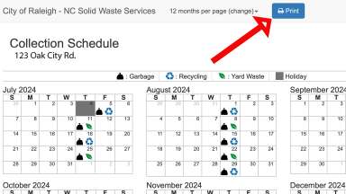 Screenshot showing year-long calendar view and print button of Raleigh Reuse Tool
