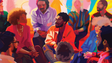 Diverse group of people sitting around each other. Vivid colors used to paint what looks like brush strokes.