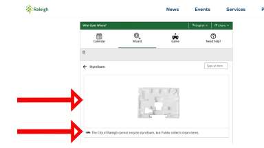 Screen shot of Raleigh Reuse Tool showing photo of item searched in the Wizard and directions of how to properly dispose of that item.