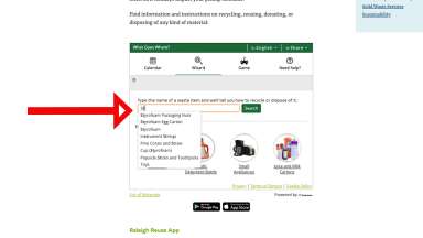 Screen shot showing waste item search bar in Raleigh Reuse Tool