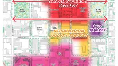 Map with bright colors highlighting different areas of downtown raleigh.